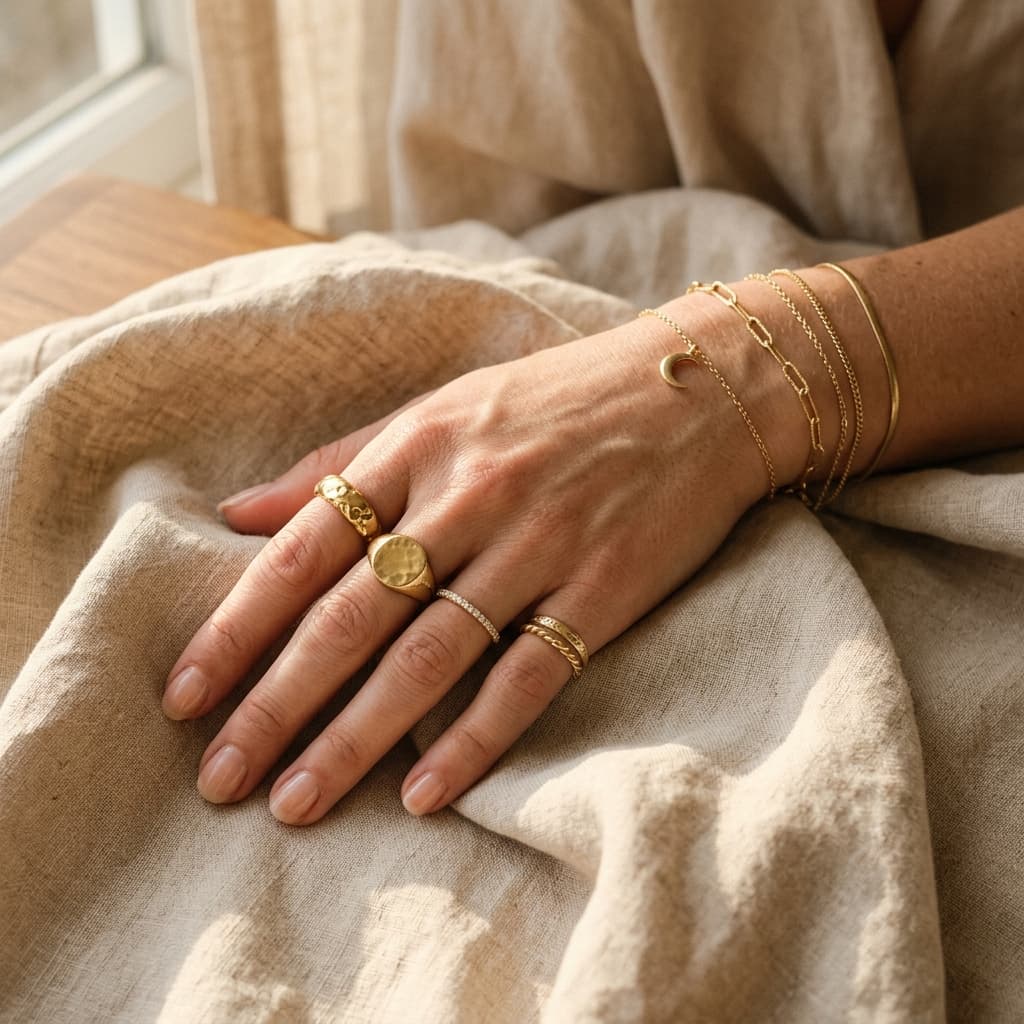 A maker's hand wearing hand-finished gold rings