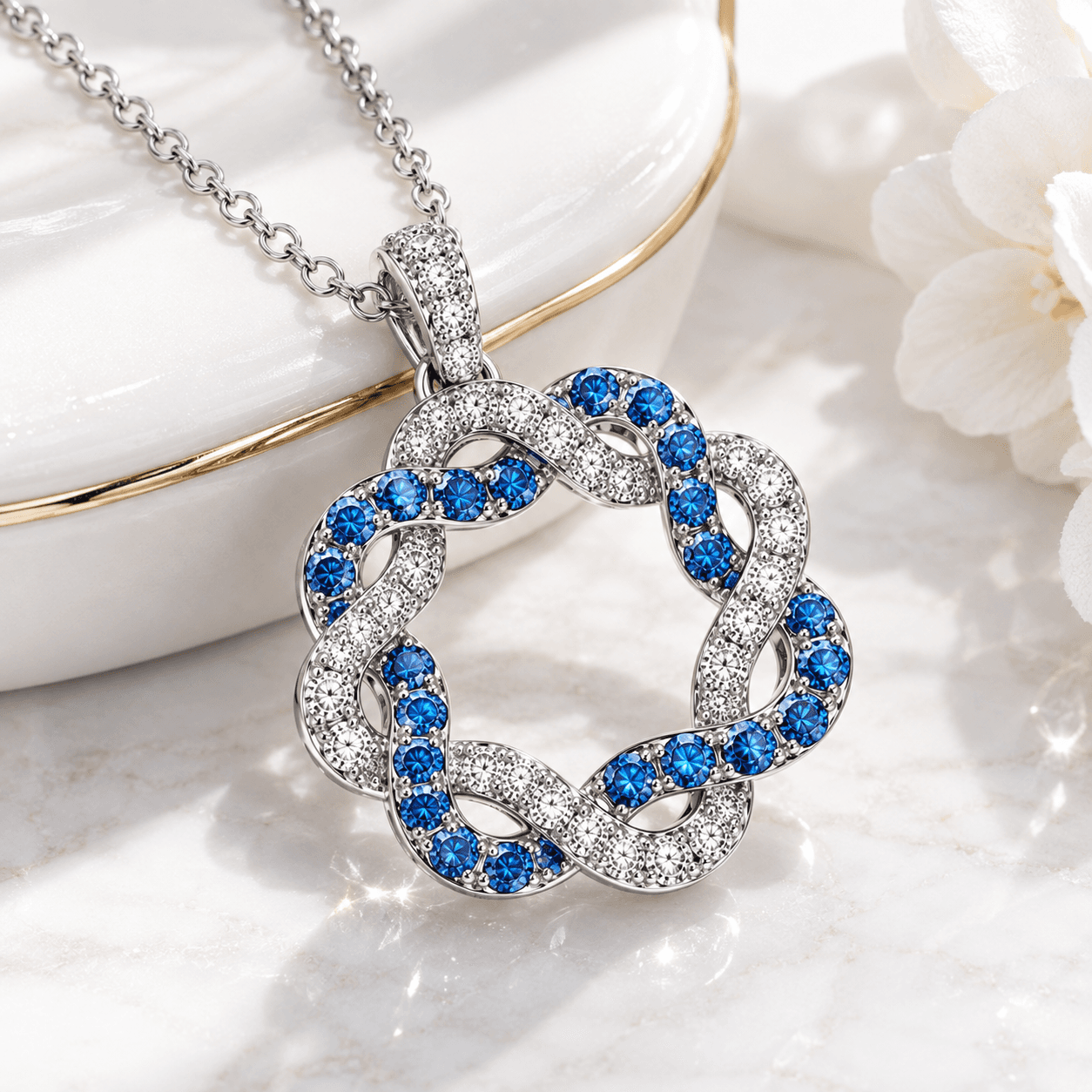 TruAmore Blue Entwined Diamond Halo Pendant