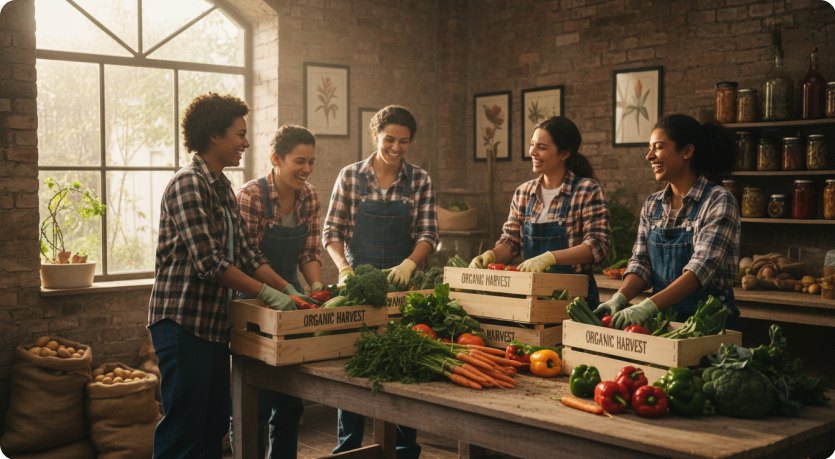 Volunteers sorting an organic harvest
