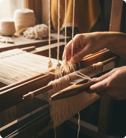 Hands weaving on a loom